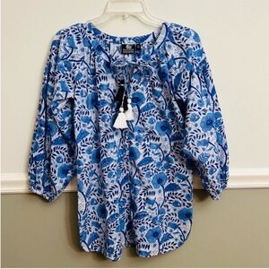 Madison Mathew’s Blue White Floral V-Neck Tassel Blouse Top Size Extra Small NWT